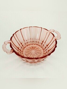 Vintage 1930s Anchor Hocking Old Cafe Pink Depression Glass Handled Bowl Dish
